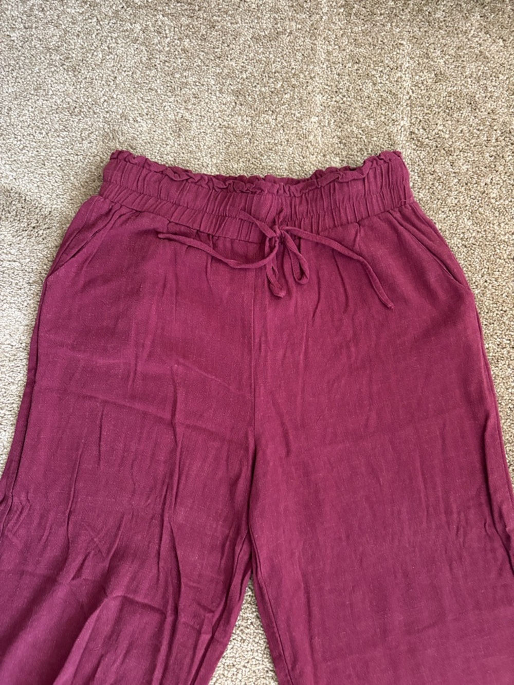 Wine Red Wide-Leg Crop Linen Pants